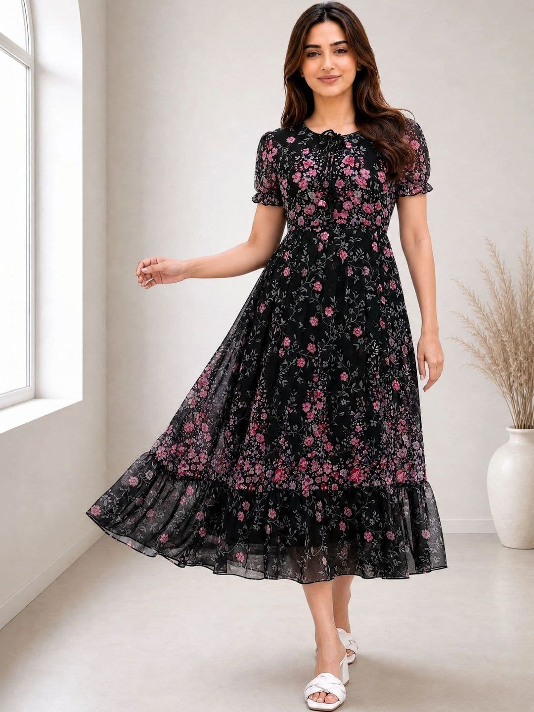 QENA Floral Print Puff Sleeve Georgette A-Line Midi Dress - view 1