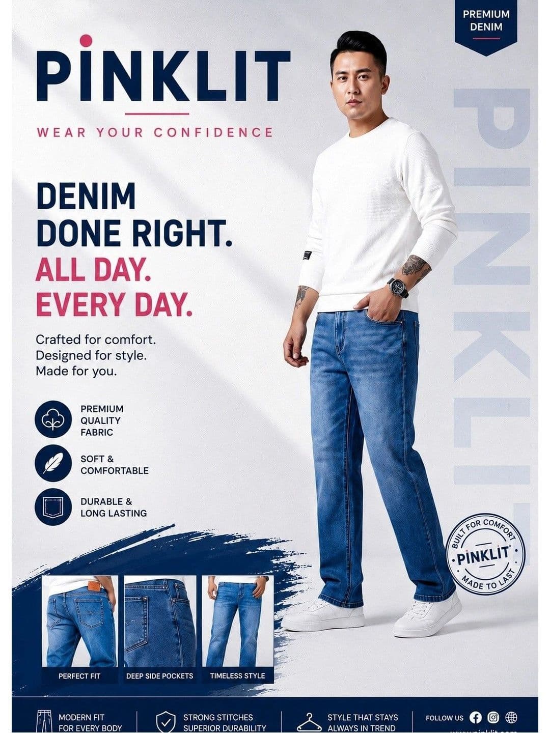 PINKLIT Men Straight Fit Mid-Rise Low Distress Light Fade Jeans thumbnail 5