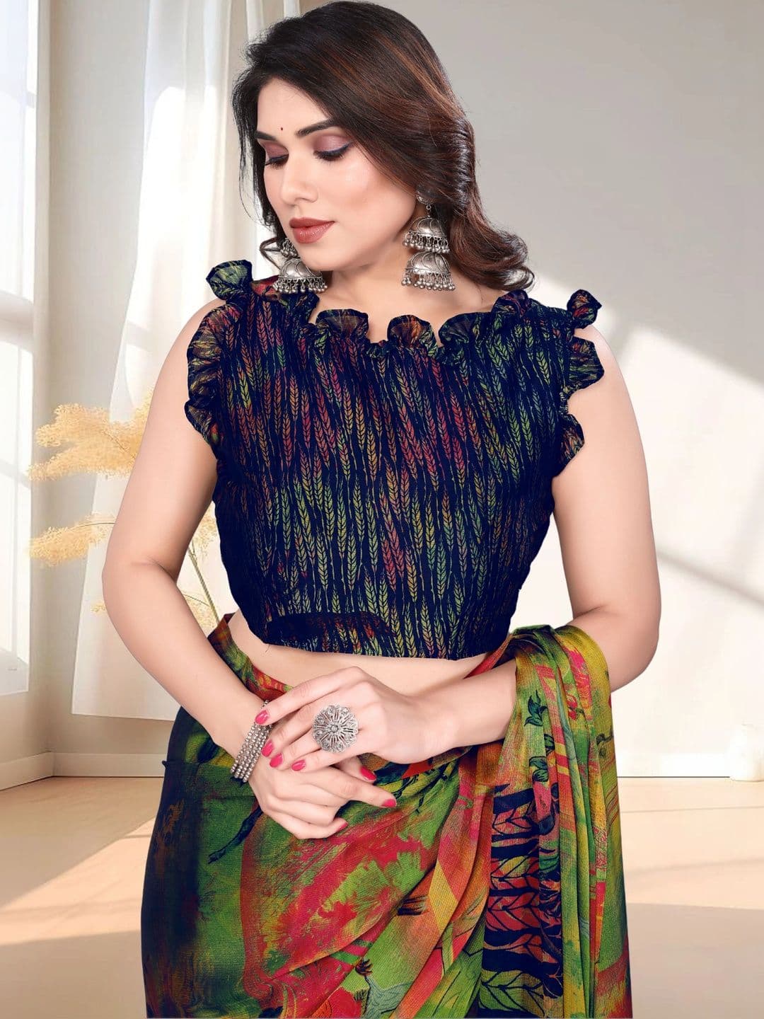 Owee Pure Chiffon Fusion Saree thumbnail 4