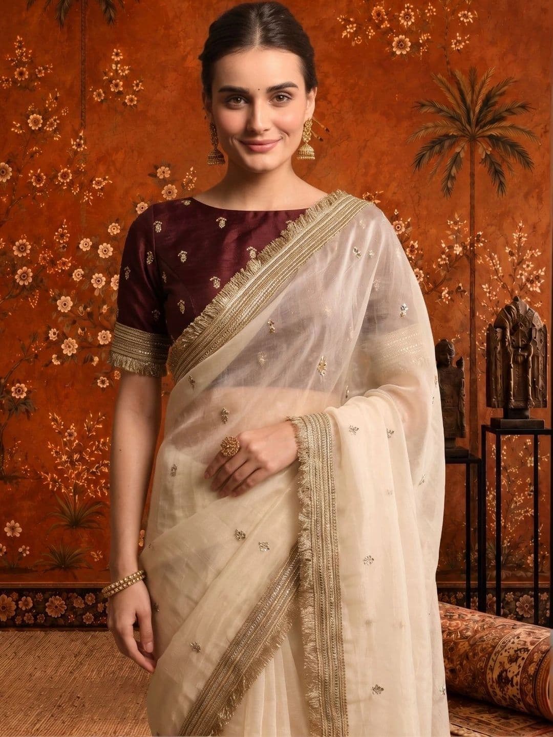 Sangria Floral Embroidered Satin Saree - view 1