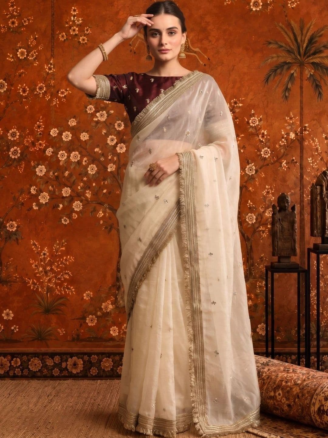 Sangria Floral Embroidered Satin Saree thumbnail 7