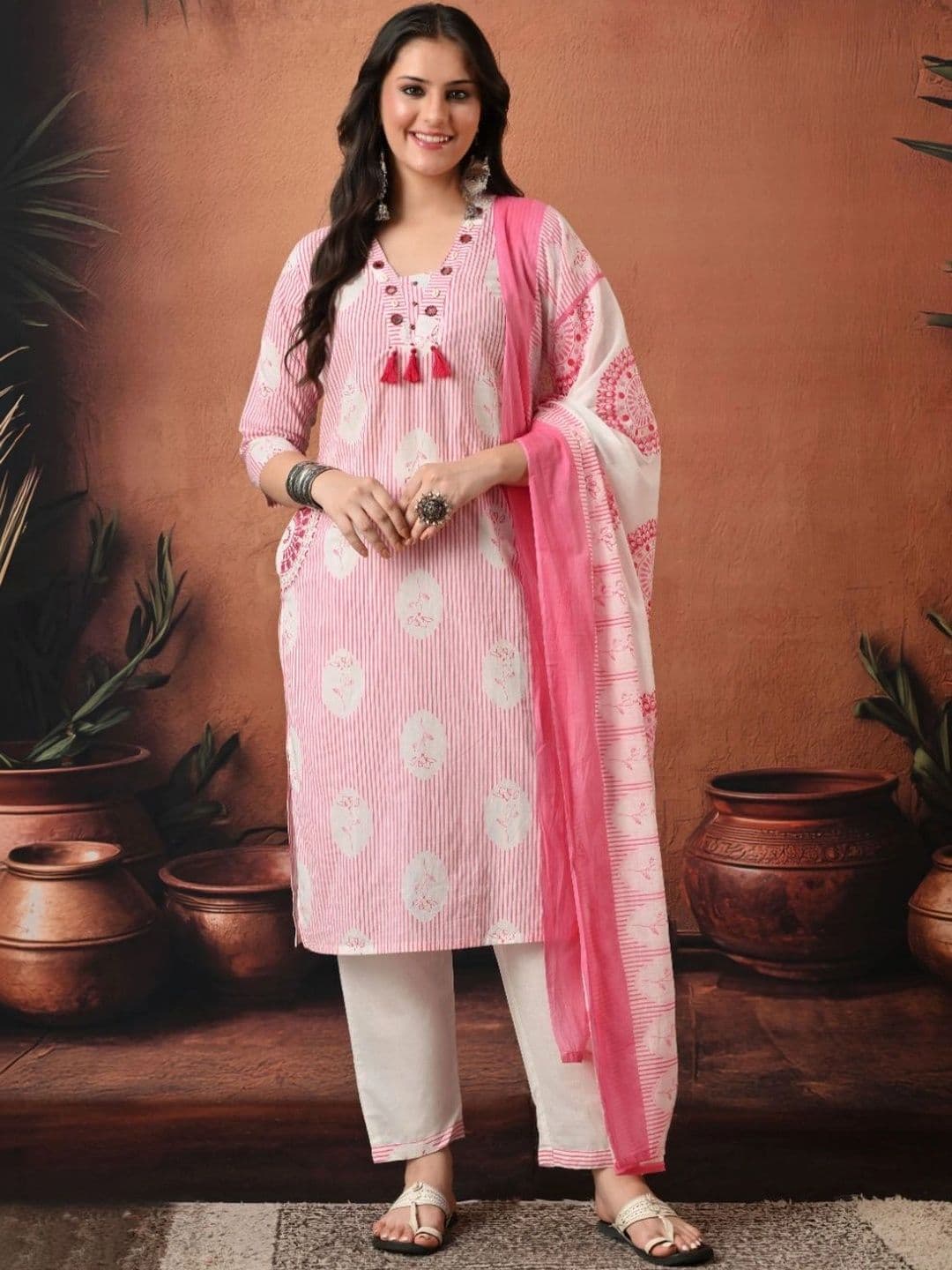 Encourage Women Printed Regular Mirror Work Pure Cotton Kurta with Trousers & With Dupatta - view 1