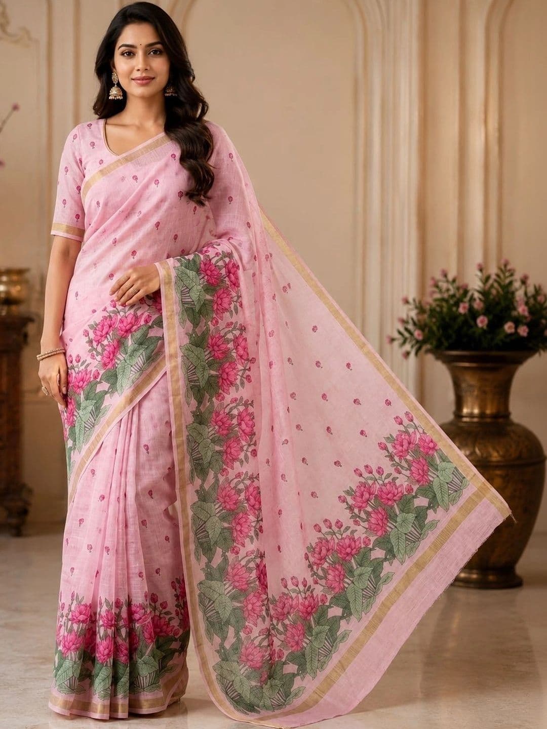 PMD Fashion Floral Pure Linen Handloom Saree - view 1