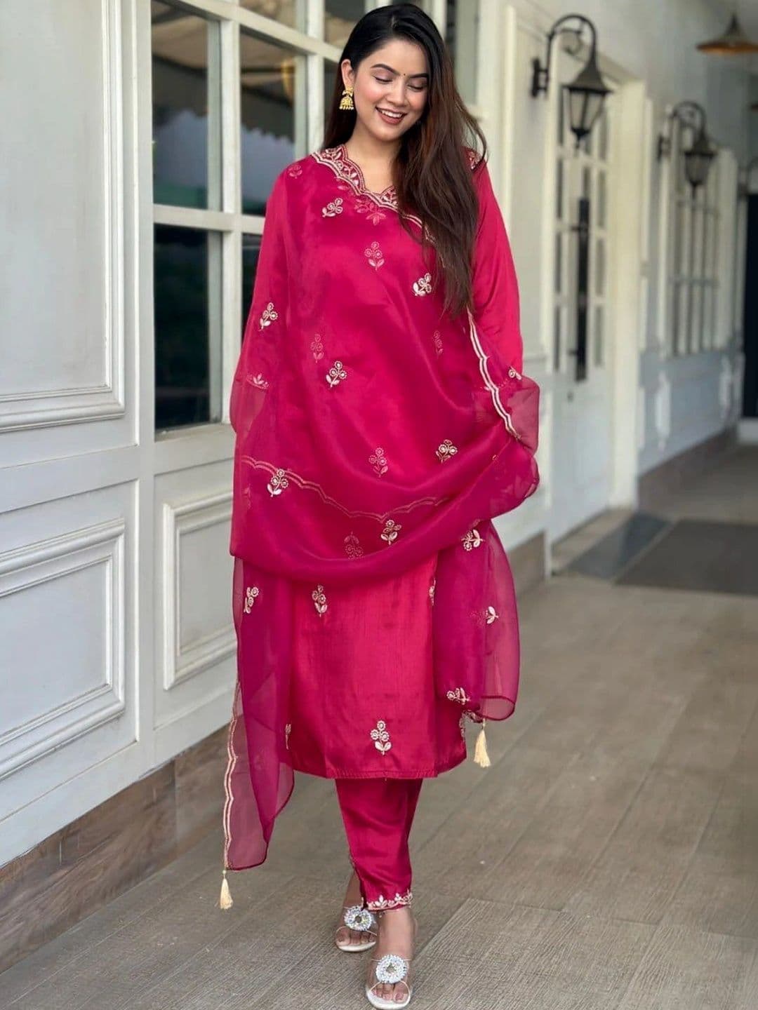 FIC FUSION CULTURE Women Ethnic Motifs Embroidered Regular Thread Work Kurta with Trousers & With Dupatta - view 1