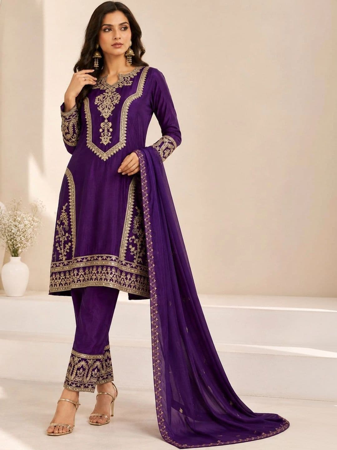 Mitera Women Ethnic Motifs Embroidered Regular Kurta with Trousers & With Dupatta - view 1