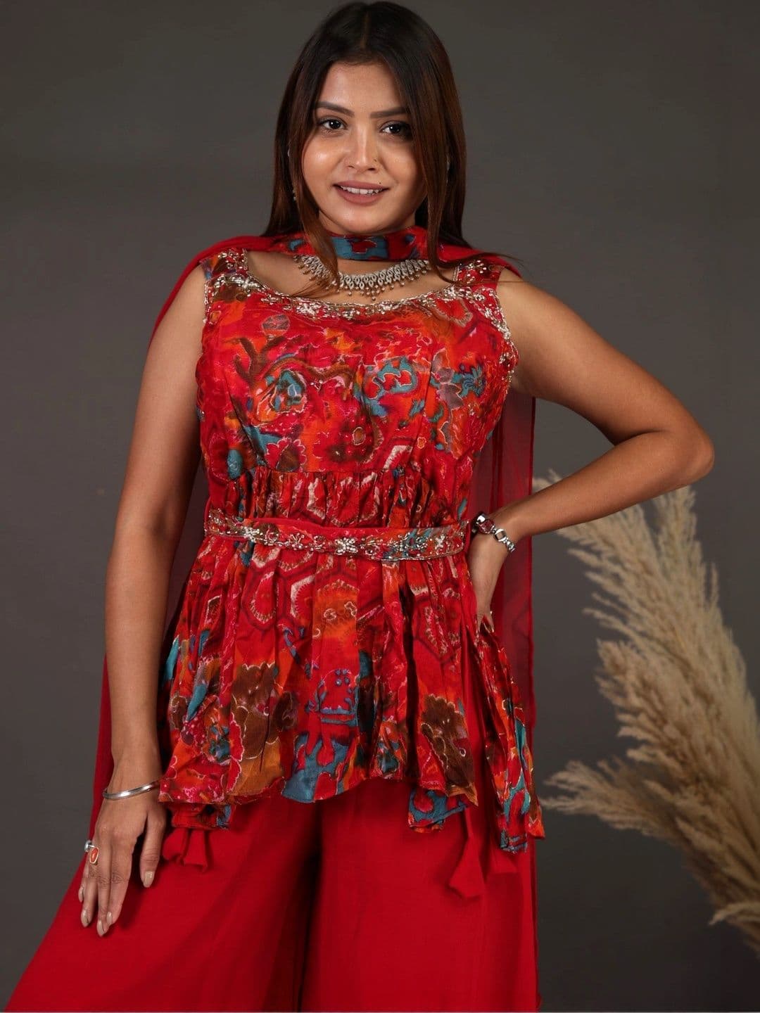 JASON XTREME Women Floral Printed Tiered Sequinned Kurti with Palazzos & With Dupatta thumbnail 4