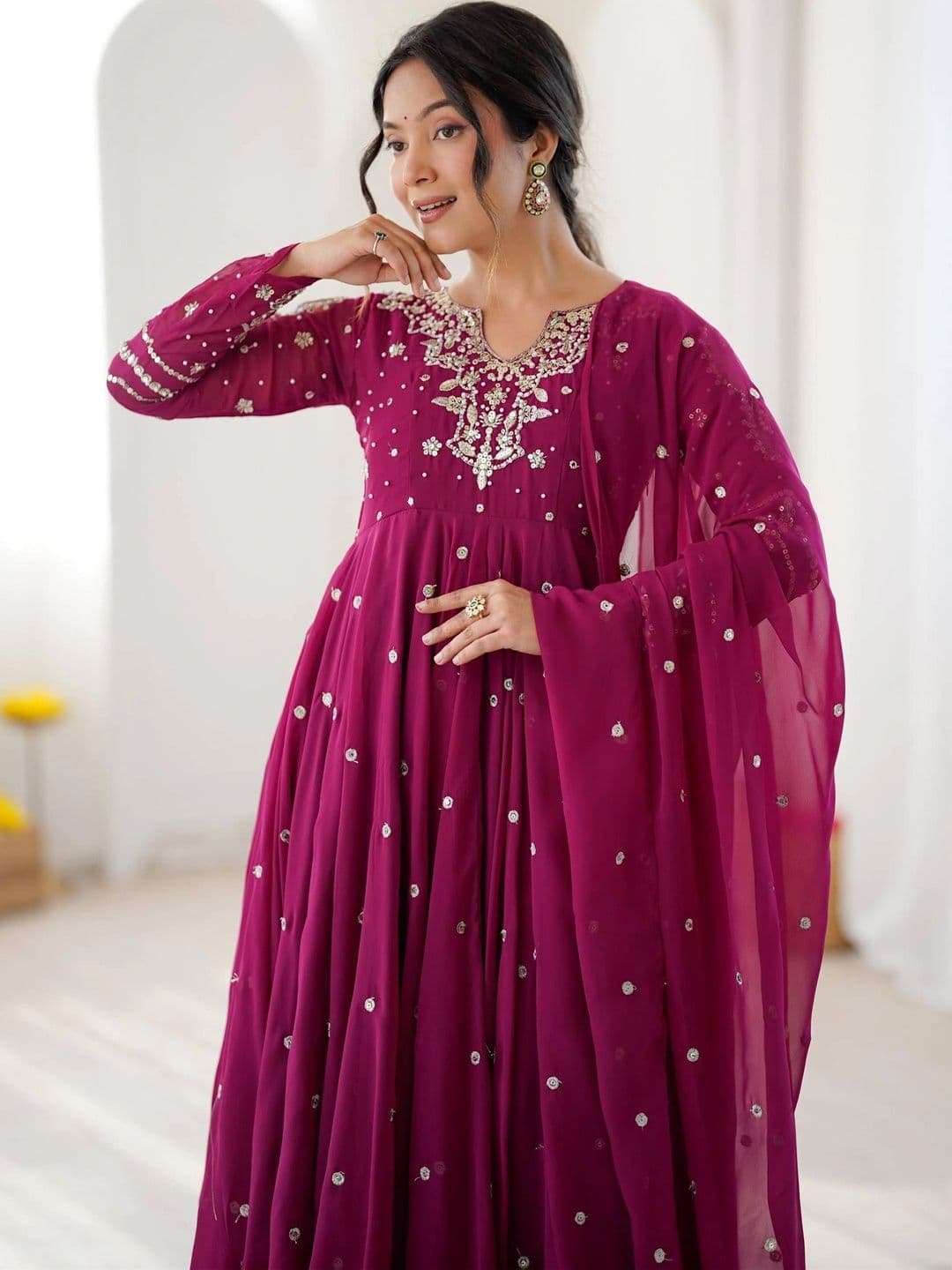 VASTRABELLA Women Ethnic Motifs Angrakha Sequinned Silk Georgette Kurta with Pyjamas & With Dupatta thumbnail 4