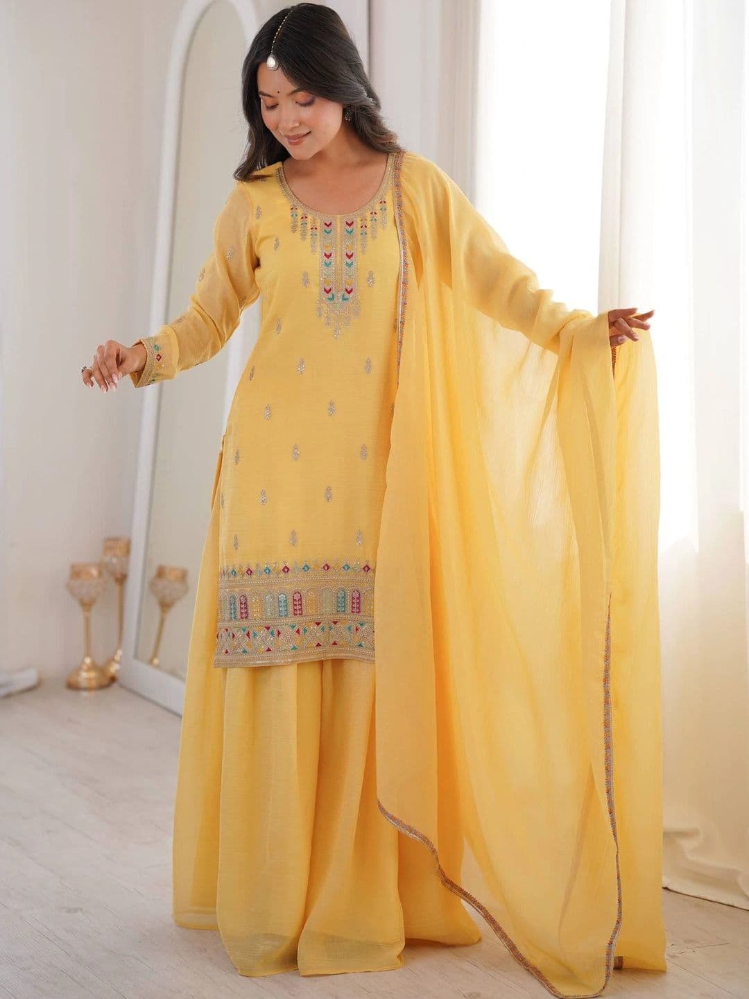 VASTRABELLA Women Ethnic Motifs Embroidered Regular Thread Work Kurta with Sharara & With Dupatta - view 1