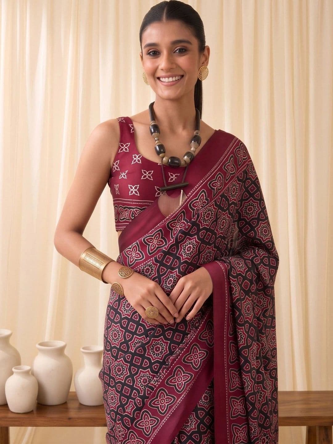 Saree mall Ajrak Block Poly Crepe Designer Block Print Sarees thumbnail 3