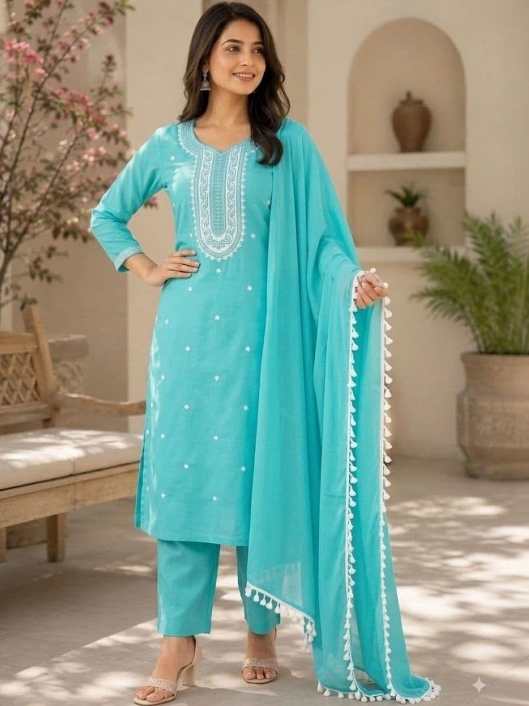 RADHEY KRISHNA CREATION Women Ethnic Motifs Embroidered Regular Thread Work Kurta with Trousers & With thumbnail 5