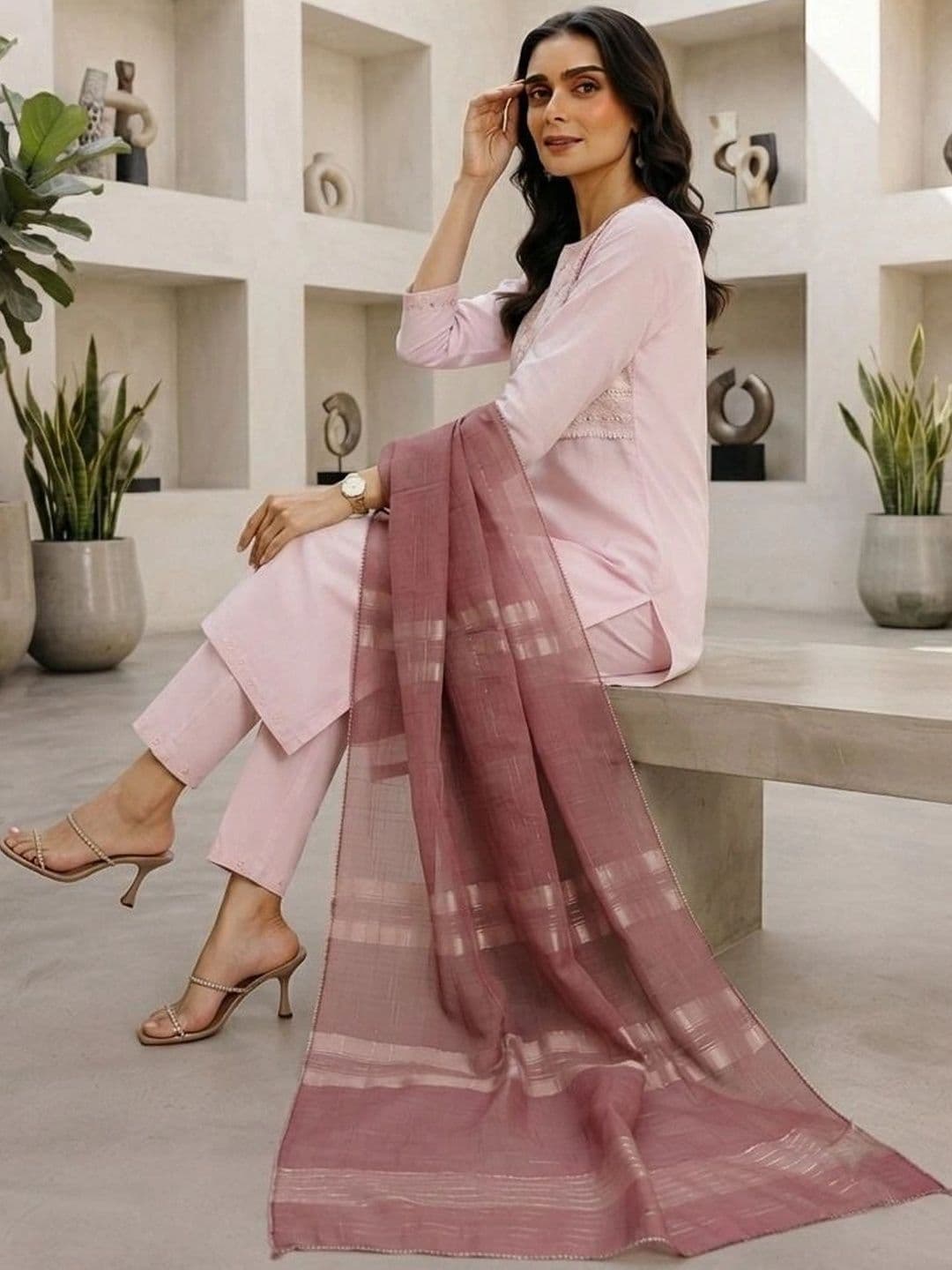 DIVASTRI Women Ethnic Motifs Embroidered Regular Thread Work Chanderi Cotton Kurta with Trousers & With thumbnail 6