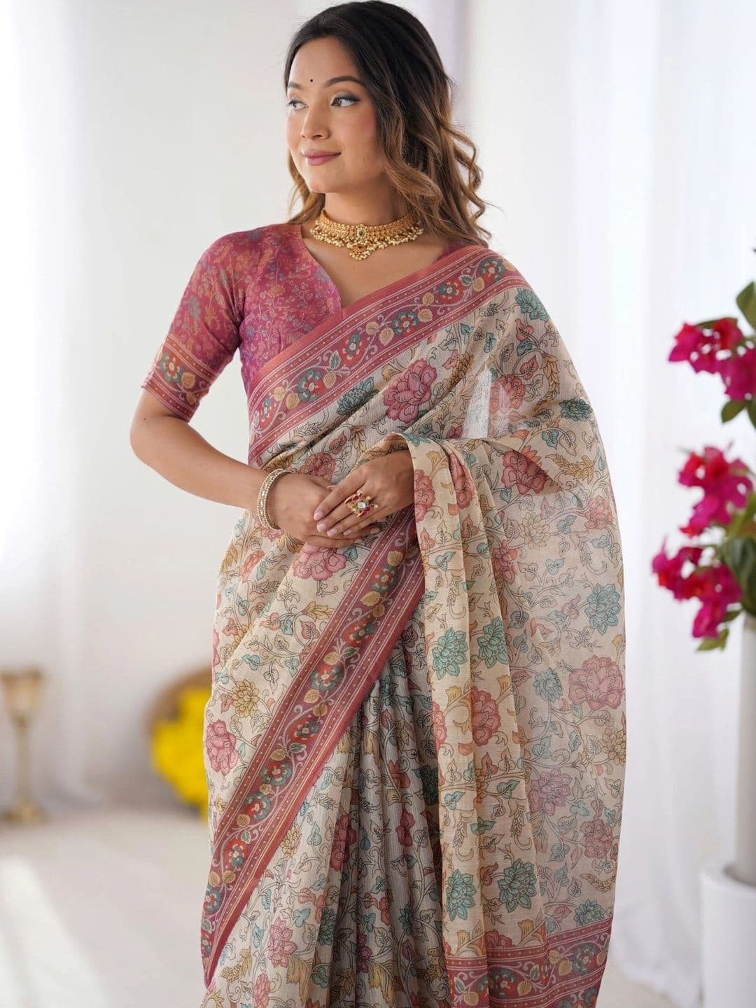 HOUSE OF PRANSHI Floral Linen Blend Jamdani Saree thumbnail 5