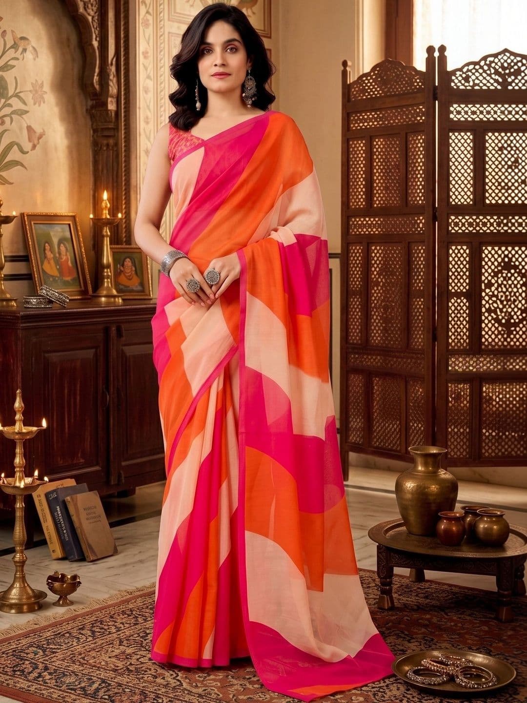 YUGAVEERAA Colourblocked Linen Blend Saree - view 1