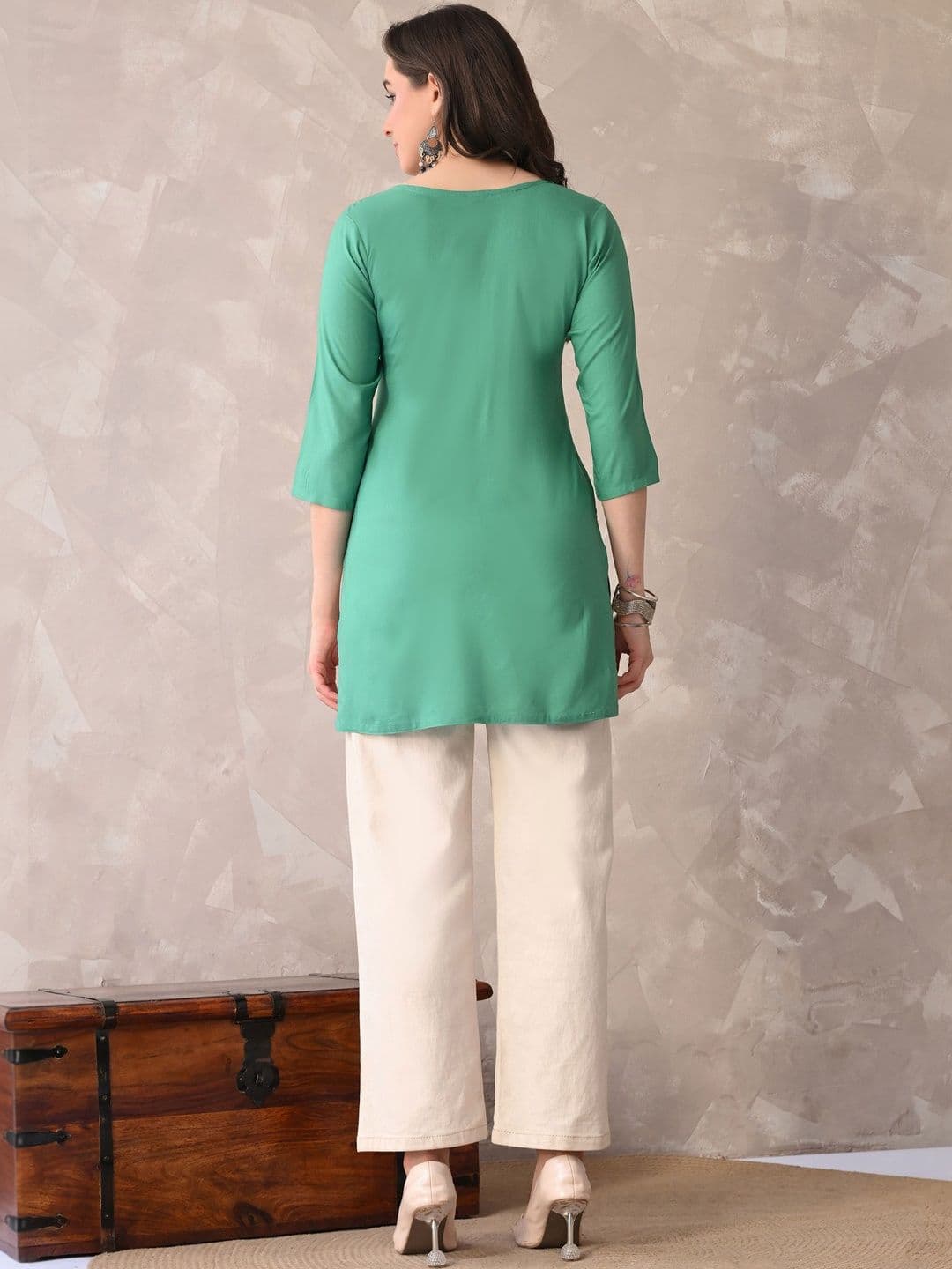 ROSHNI Women Floral Embroidered Round Neck Thread Work Cotton Regular Kurti thumbnail 2