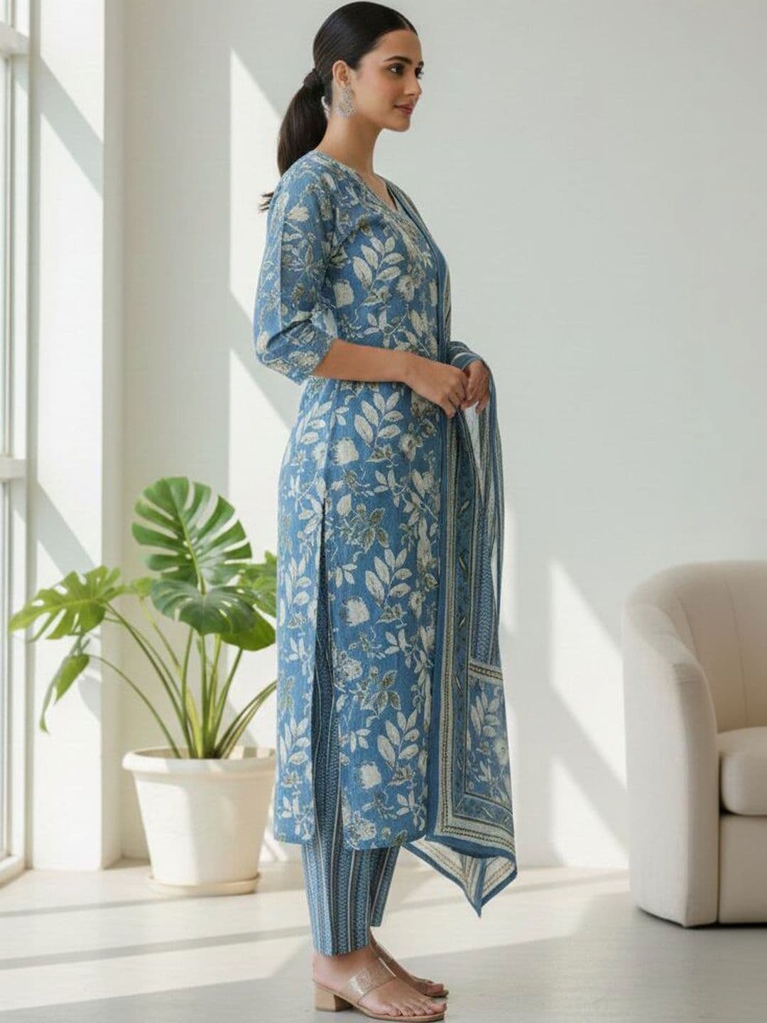 Sangria Printed Pure Cotton Round Neck Kurta & Trousers With Dupatta thumbnail 4