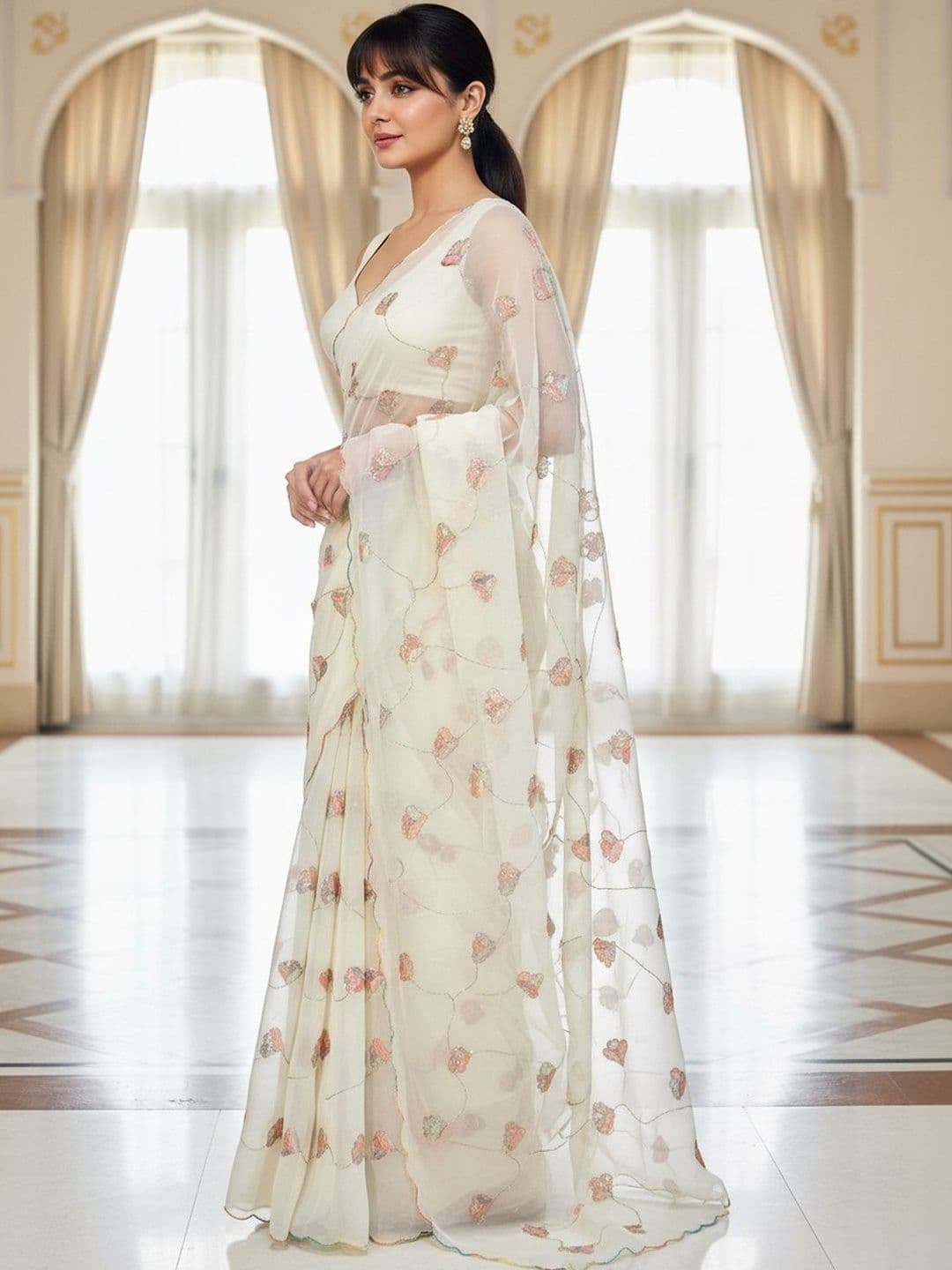 FABLAND Floral Sequinned Poly Georgette Saree thumbnail 5