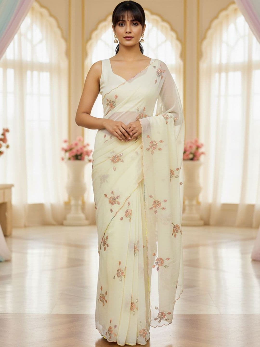 FABLAND Floral Sequinned Poly Georgette Heavy Work Saree thumbnail 6