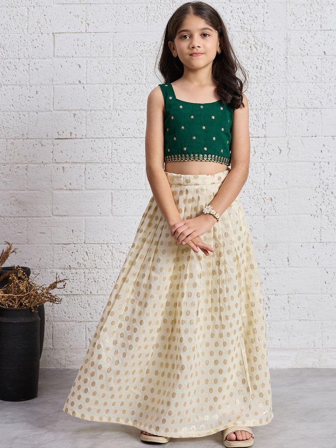 KALINI Girls Embroidered Thread Work Foil Print Ready to Wear Lehenga & - view 1