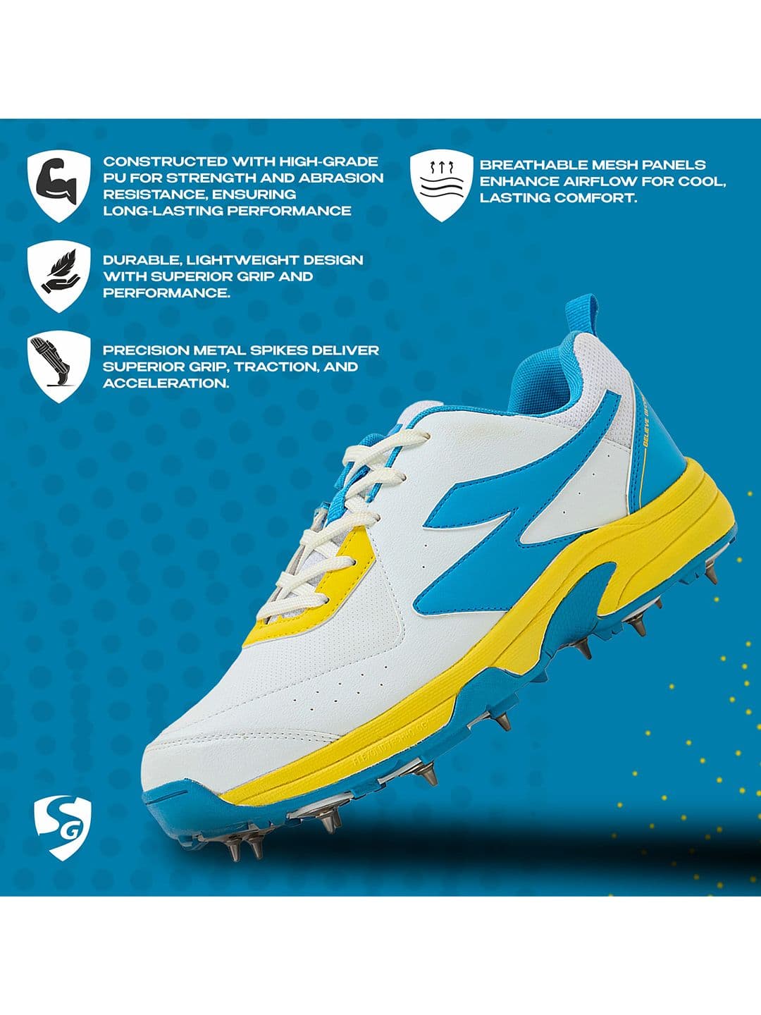 SG Savage Max Spike Shoes White-Yellow-Sky Blue - Lightweight Pro Traction thumbnail 5