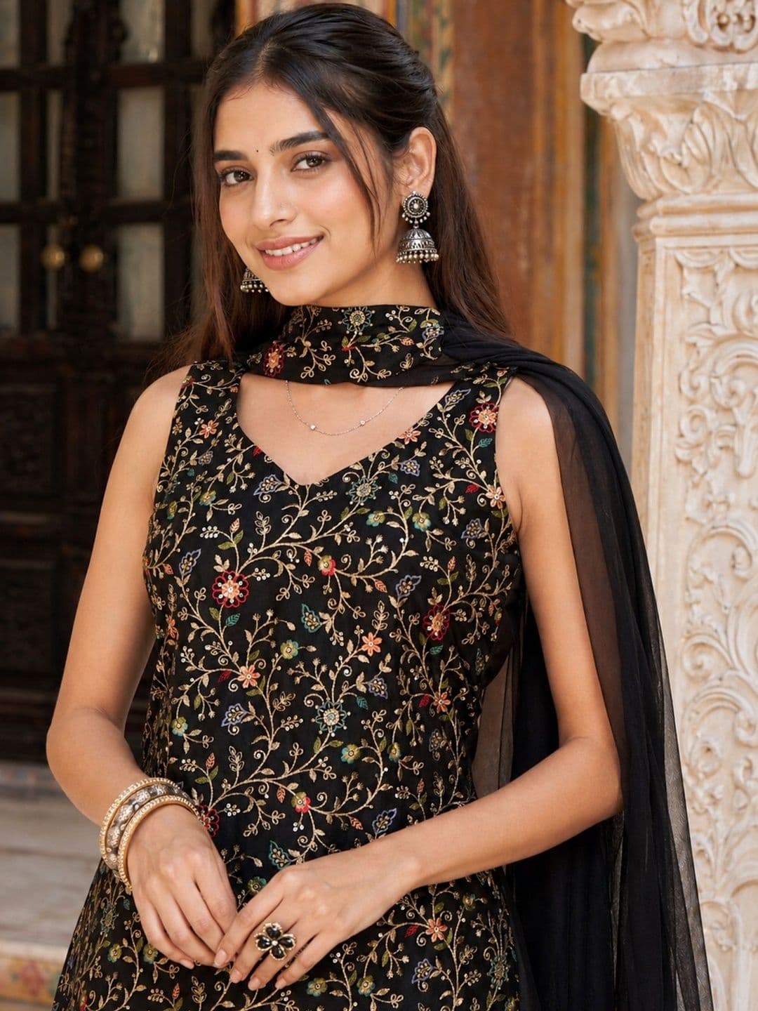 Sangria Embroidered  V-Neck Kurta & Sharara With Dupatta thumbnail 3