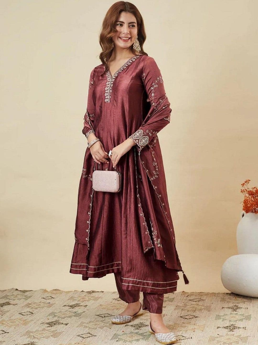 Kanerindia Women Ethnic Motifs Embroidered Regular Thread Work Kurta with Trousers & With Dupatta - view 1