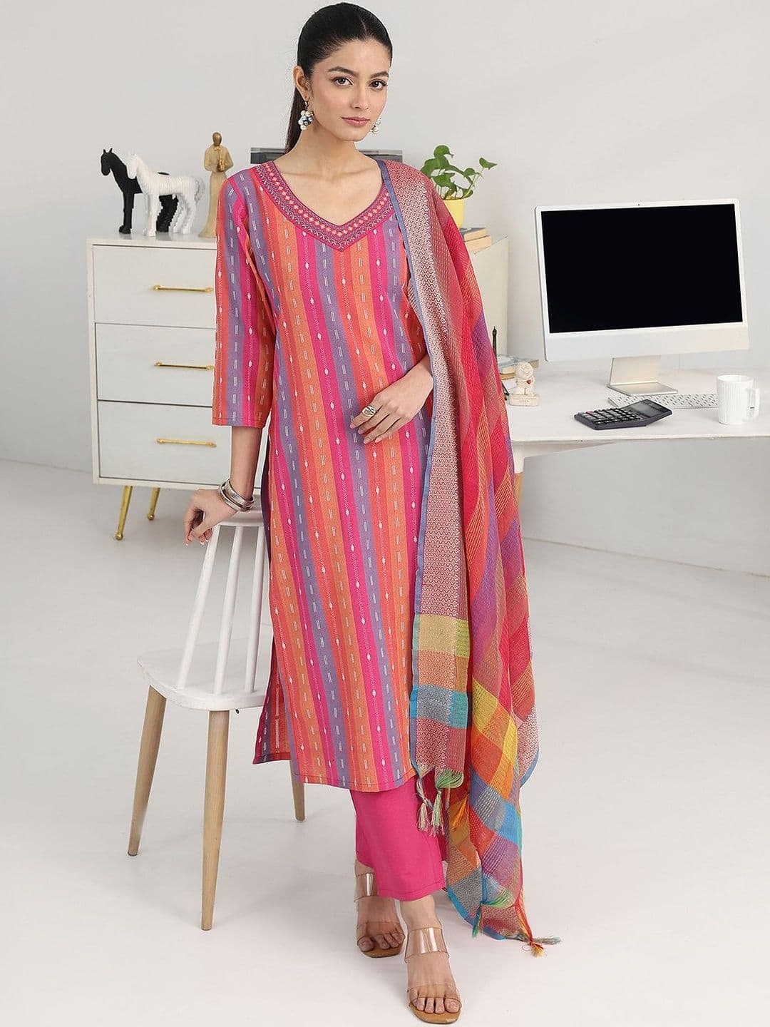 Gerua By Libas Women Striped Regular Thread Work Kurta with Trousers & With Dupatta - view 1
