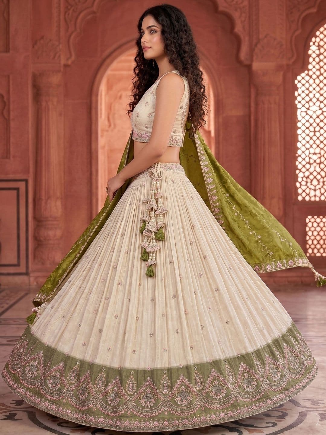 panchhi Embroidered Sequinned Semi-Stitched Lehenga & Unstitched Blouse With Dupatta thumbnail 4