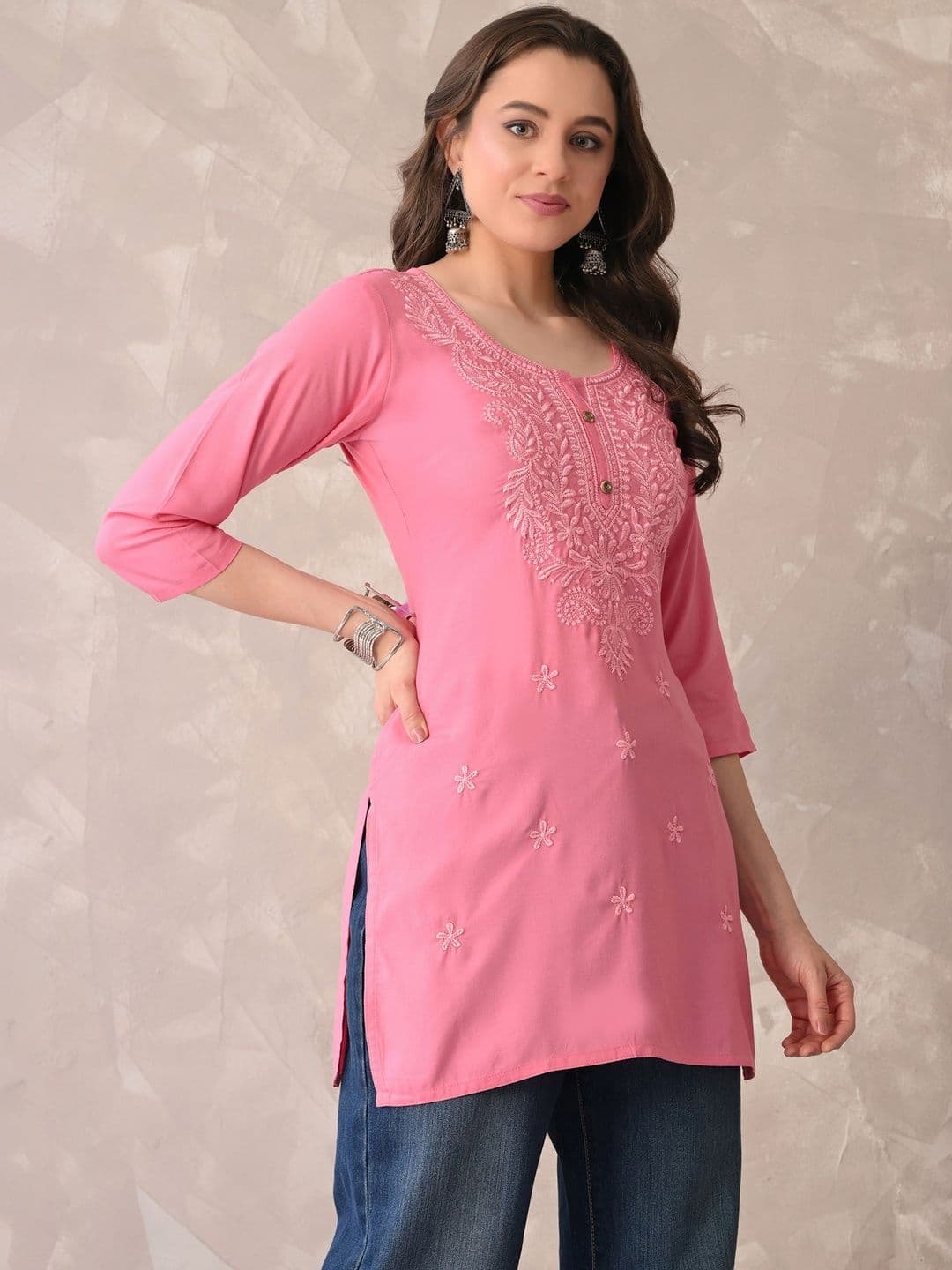 ROSHNI Women Floral Embroidered Round Neck Thread Work Cotton Regular Kurti thumbnail 4