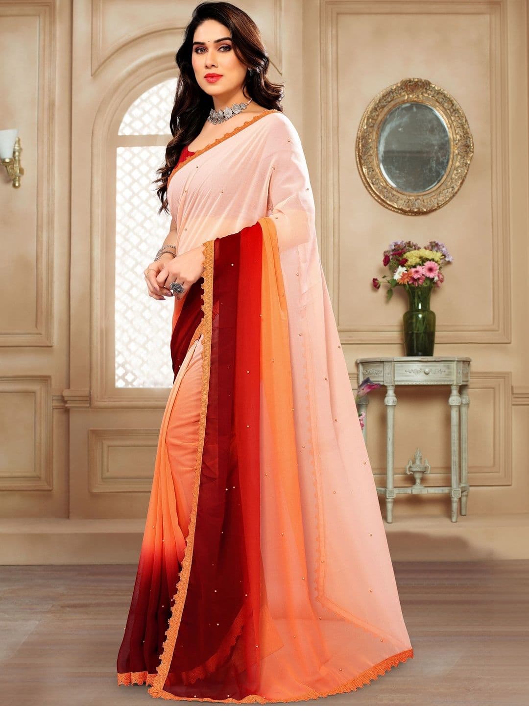 Traditional Villa Ombre Beads and Stones Pure Georgette Designer Banarasi Saree thumbnail 3