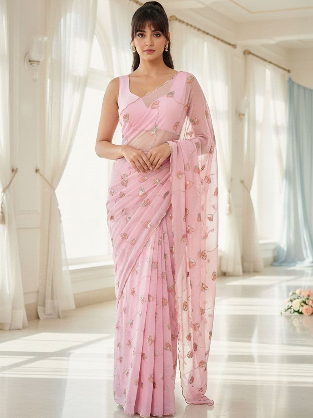 FABLAND Floral Sequinned Poly Georgette Saree thumbnail 5