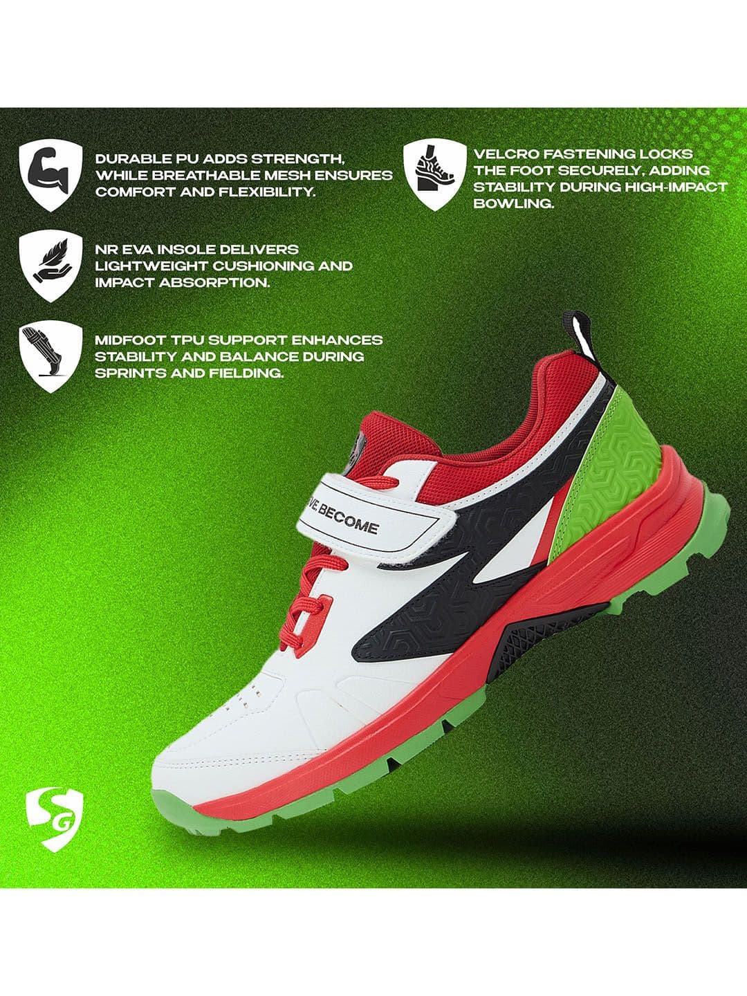 SG Century Pace Bowling Shoes White-Red-Lime Green - Stable Stud EVA Cushion thumbnail 7