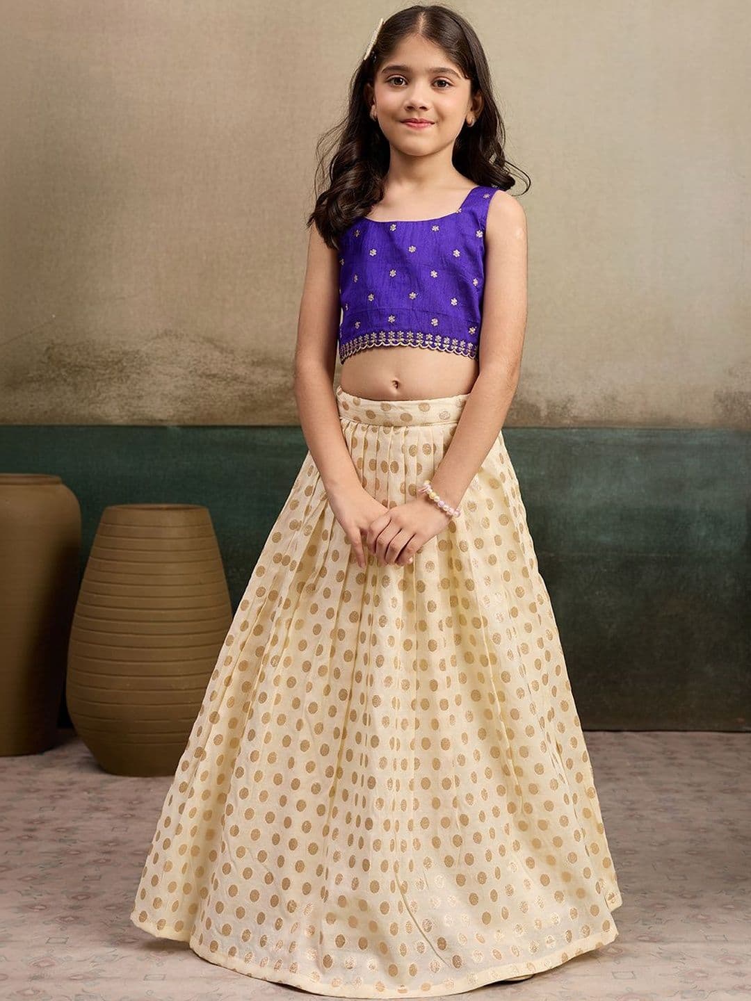 KALINI Girls Embellished Thread Work Foil Print Ready to Wear Lehenga & - view 1