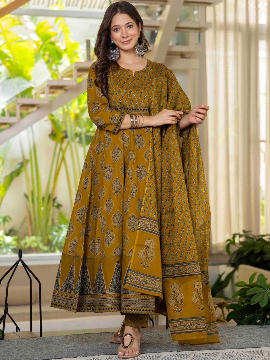 KALINI Women Ethnic Motifs Printed Empire Mirror Work Pure Cotton Kurta with Trousers & With Dupatta - view 1