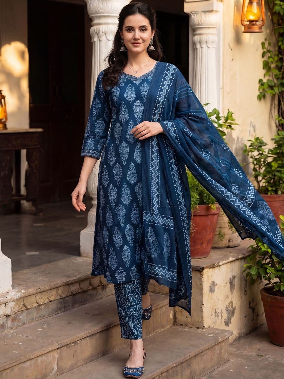 Indo Era Women Ethnic Motifs Printed Regular Pure Cotton Kurta with Trousers & With Dupatta thumbnail 4