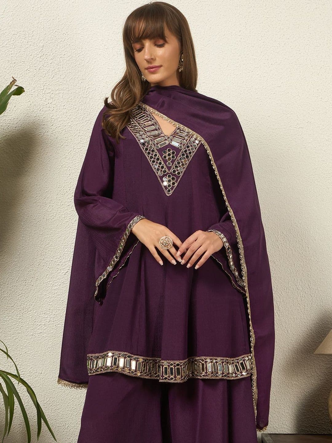 Honky Tonky Women Ethnic Motifs Embroidered Regular Mirror Work Kurta with Palazzos & With Dupatta thumbnail 2