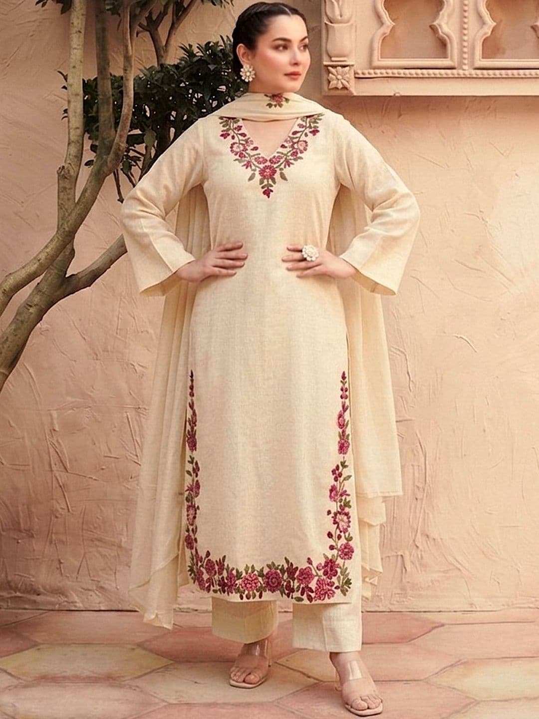 Aaghnya Floral Embroidered V-Neck Thread Work Straight Kurta With Trousers & Dupatta thumbnail 3