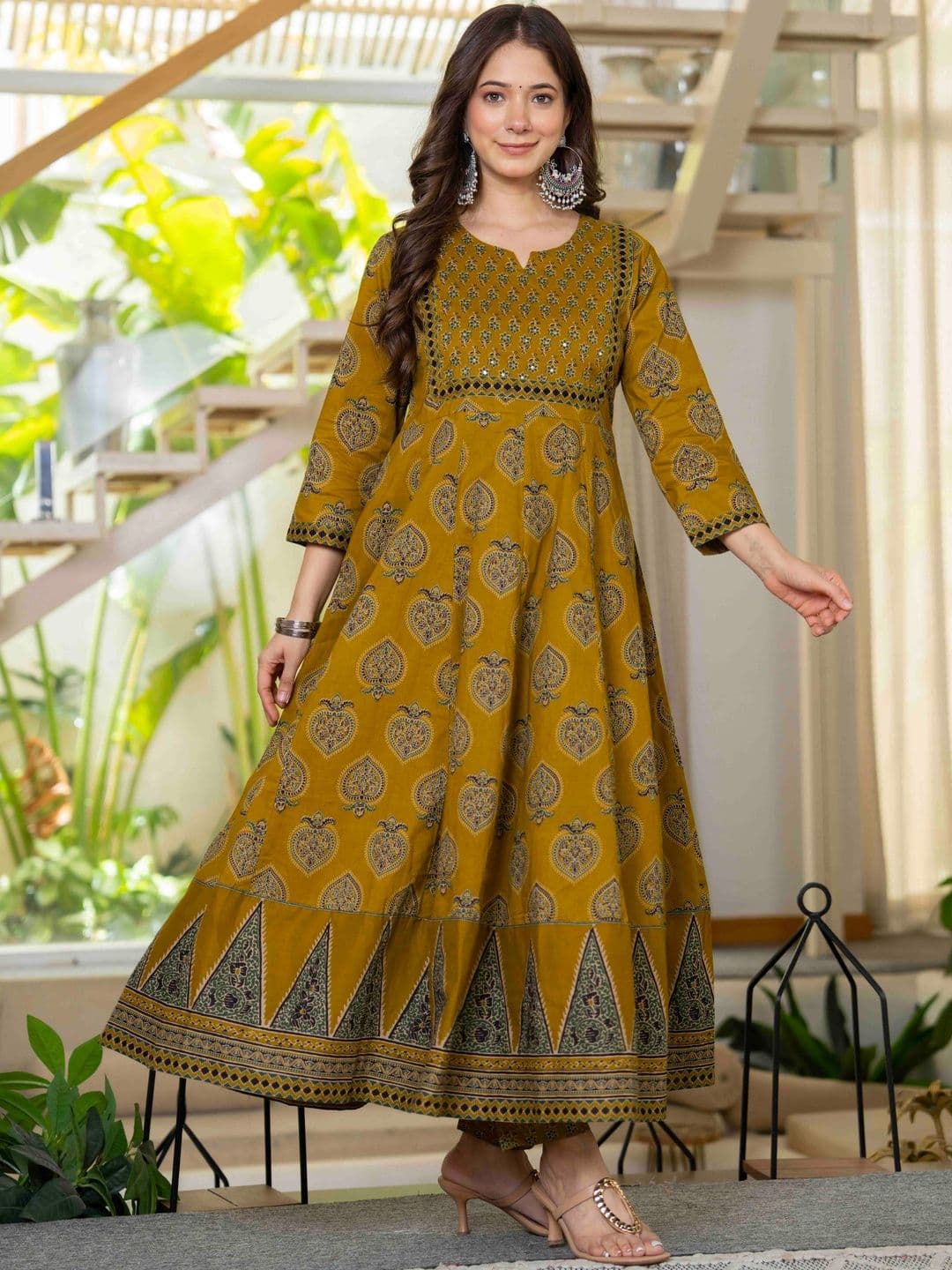 KALINI Women Ethnic Motifs Printed Empire Mirror Work Pure Cotton Kurta with Trousers & With Dupatta thumbnail 3