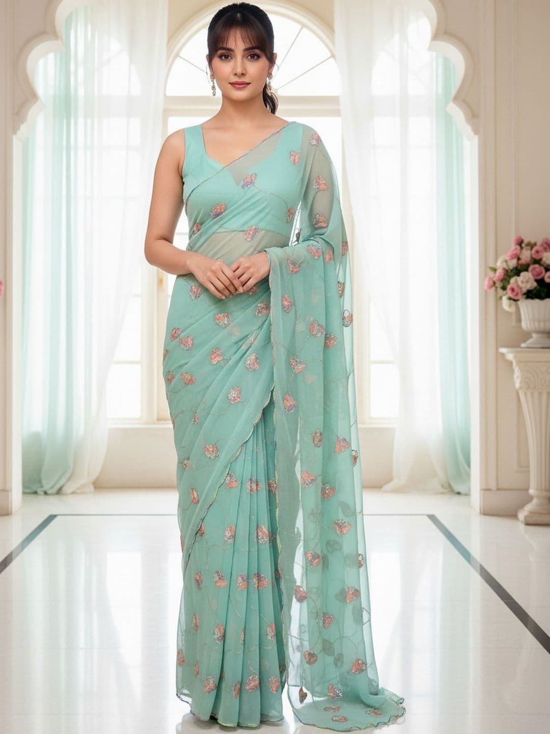 FABLAND Floral Sequinned Poly Georgette Designer Saree thumbnail 7