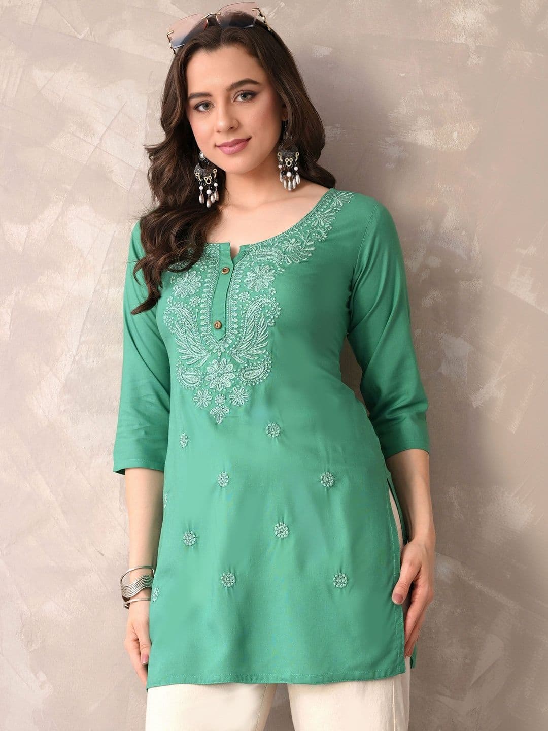 ROSHNI Women Floral Embroidered Round Neck Thread Work Cotton Regular Kurti thumbnail 5