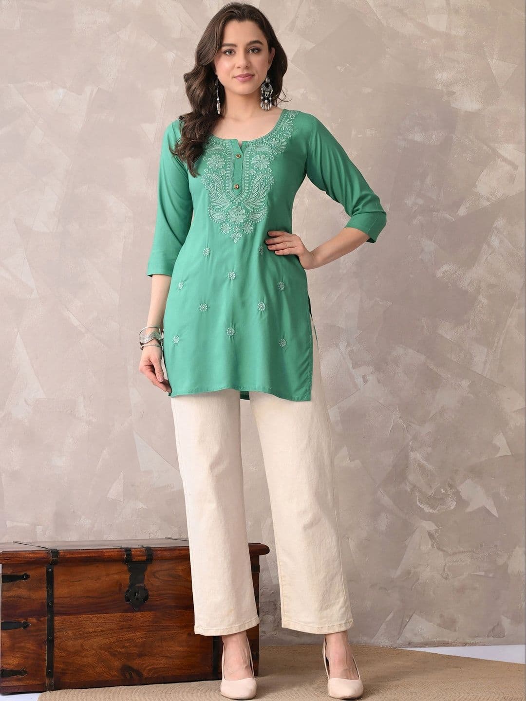 ROSHNI Women Floral Embroidered Round Neck Thread Work Cotton Regular Kurti thumbnail 4