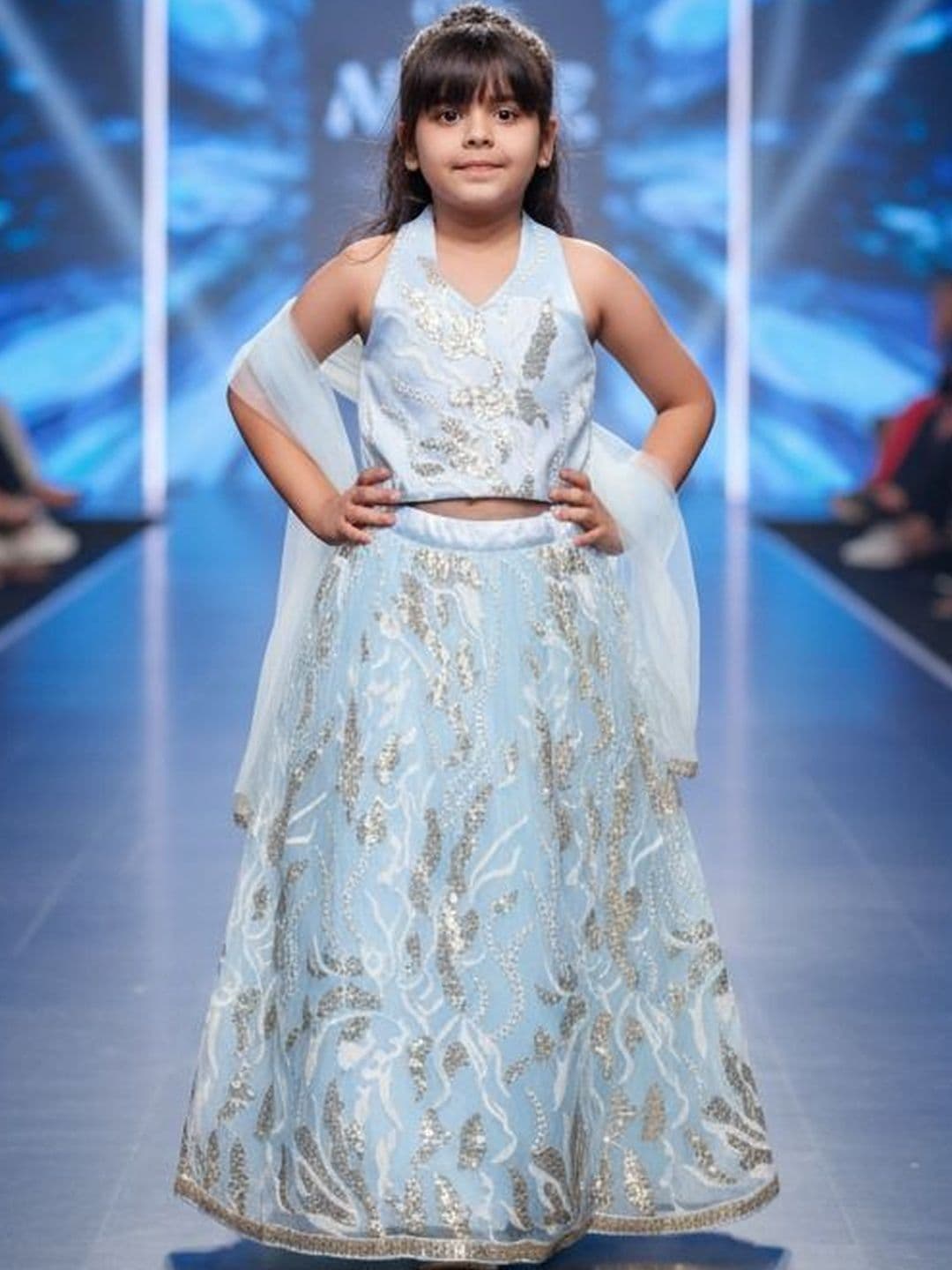 Huggle Boo Girls Blue Gold Embroidered Lehenga Choli - view 1