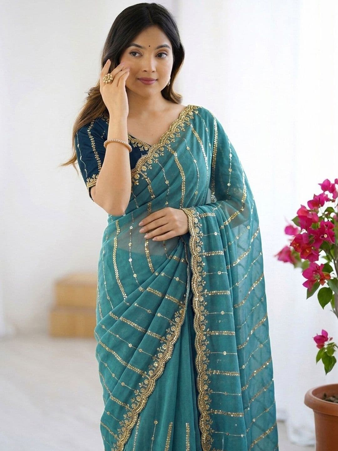 Satrani Embellished Sequinned Poly Georgette Heavy Work Saree With Blouse Piece thumbnail 5