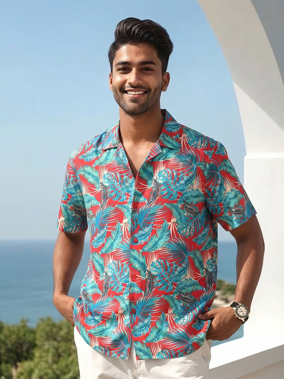 StitchX Men Short Sleeve Tropical Printed Cuban Collar Beach Shirt thumbnail 2
