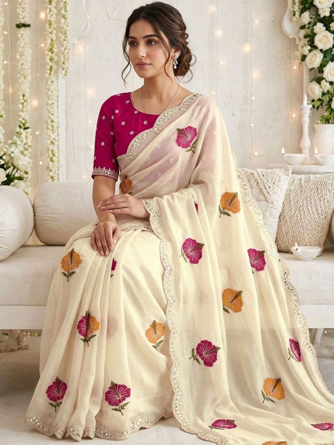 Satrani Floral Embroidered Saree With Blouse Piece thumbnail 5