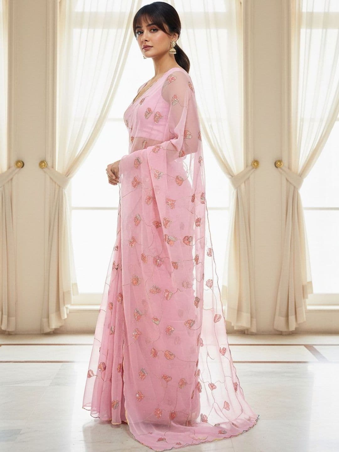 FABLAND Floral Sequinned Poly Georgette Saree thumbnail 7