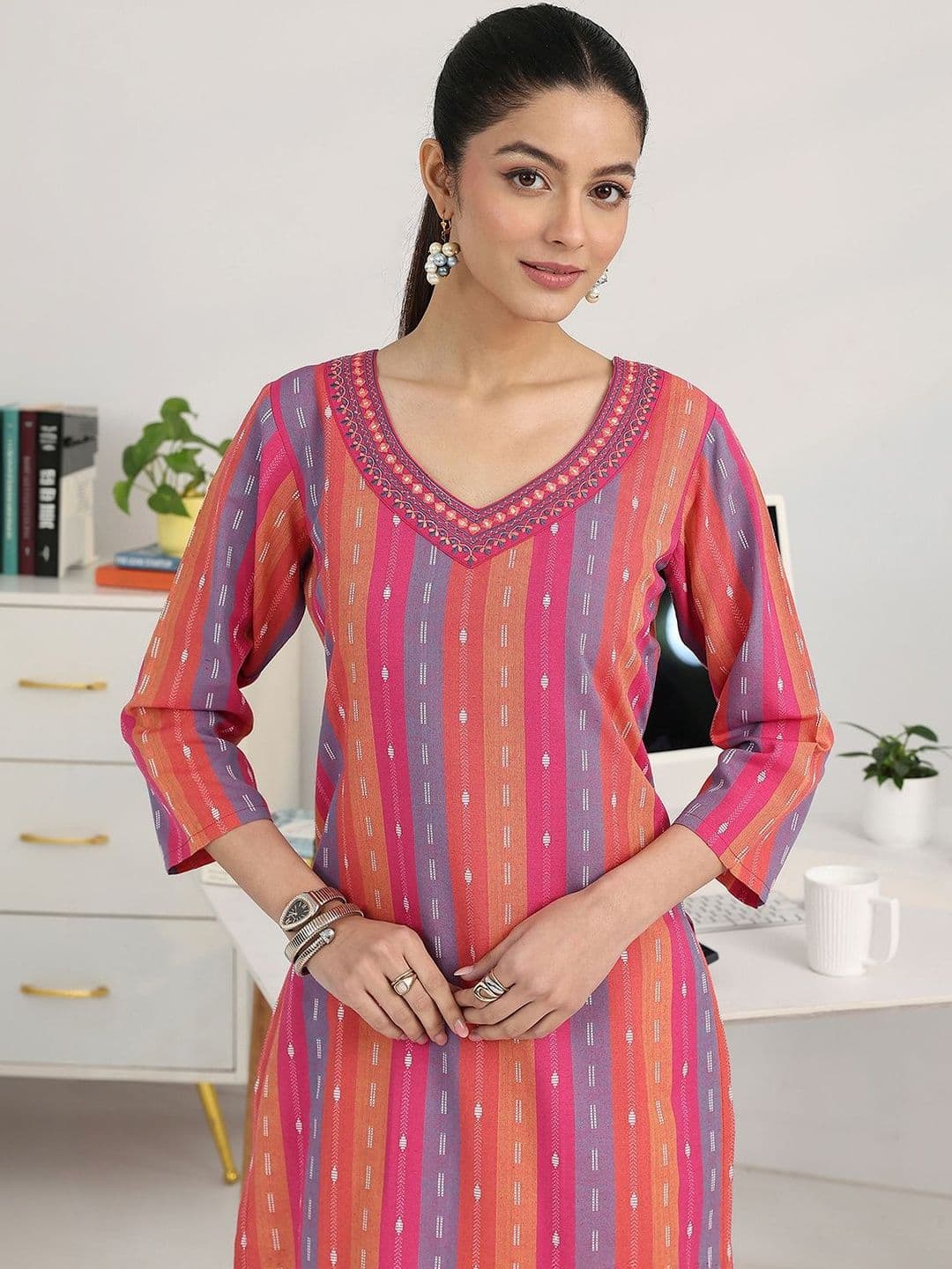 Gerua By Libas Women Striped Regular Thread Work Kurta with Trousers & With Dupatta thumbnail 7
