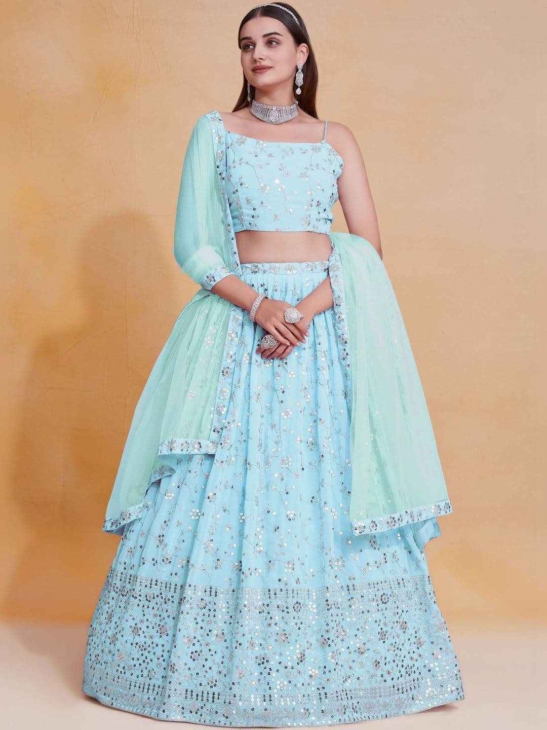 DREAM EXPORTER Women's Sky Blue Georgette Zari Sequence Embroidery Work Lehenga Choli thumbnail 3