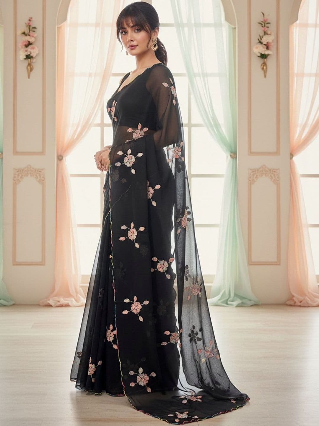 FABLAND Floral Embroidered Poly Georgette Designer Saree thumbnail 7