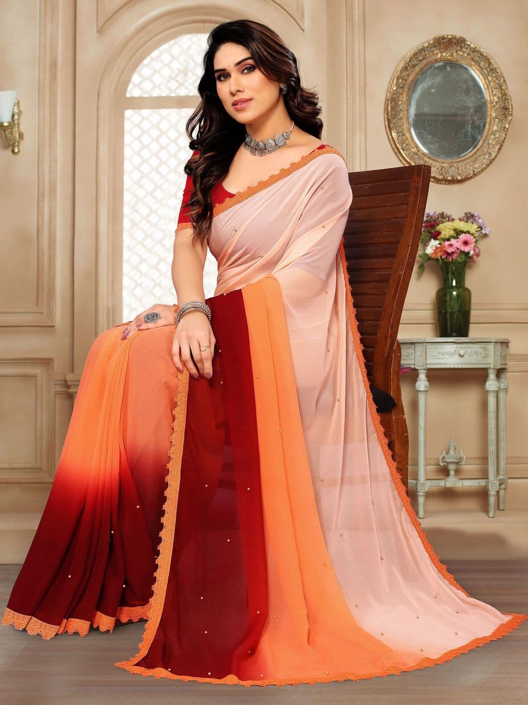 Traditional Villa Ombre Beads and Stones Pure Georgette Designer Banarasi Saree - view 1