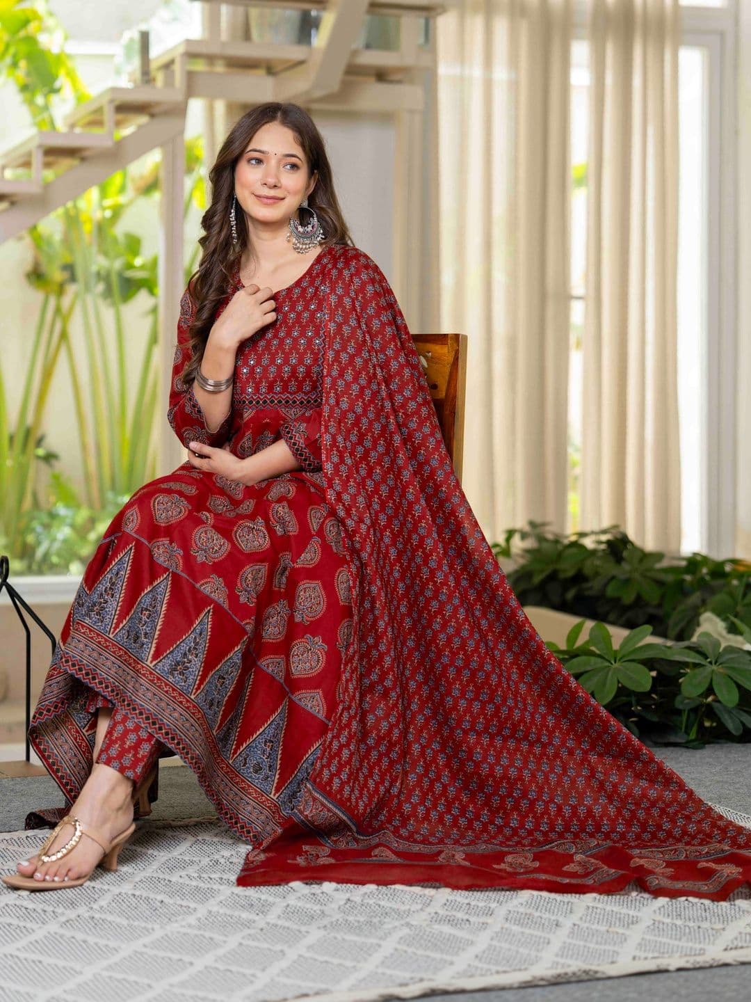 KALINI Women Ethnic Motifs Printed Empire Mirror Work Pure Cotton Kurta with Trousers & With Dupatta thumbnail 6